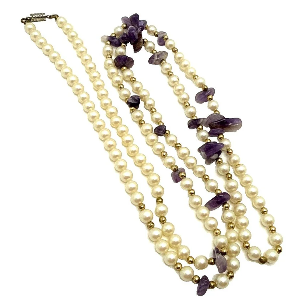 Vintage Faux Pearl Amethyst Chip Station Necklace Long Stone Boho Energy Calming